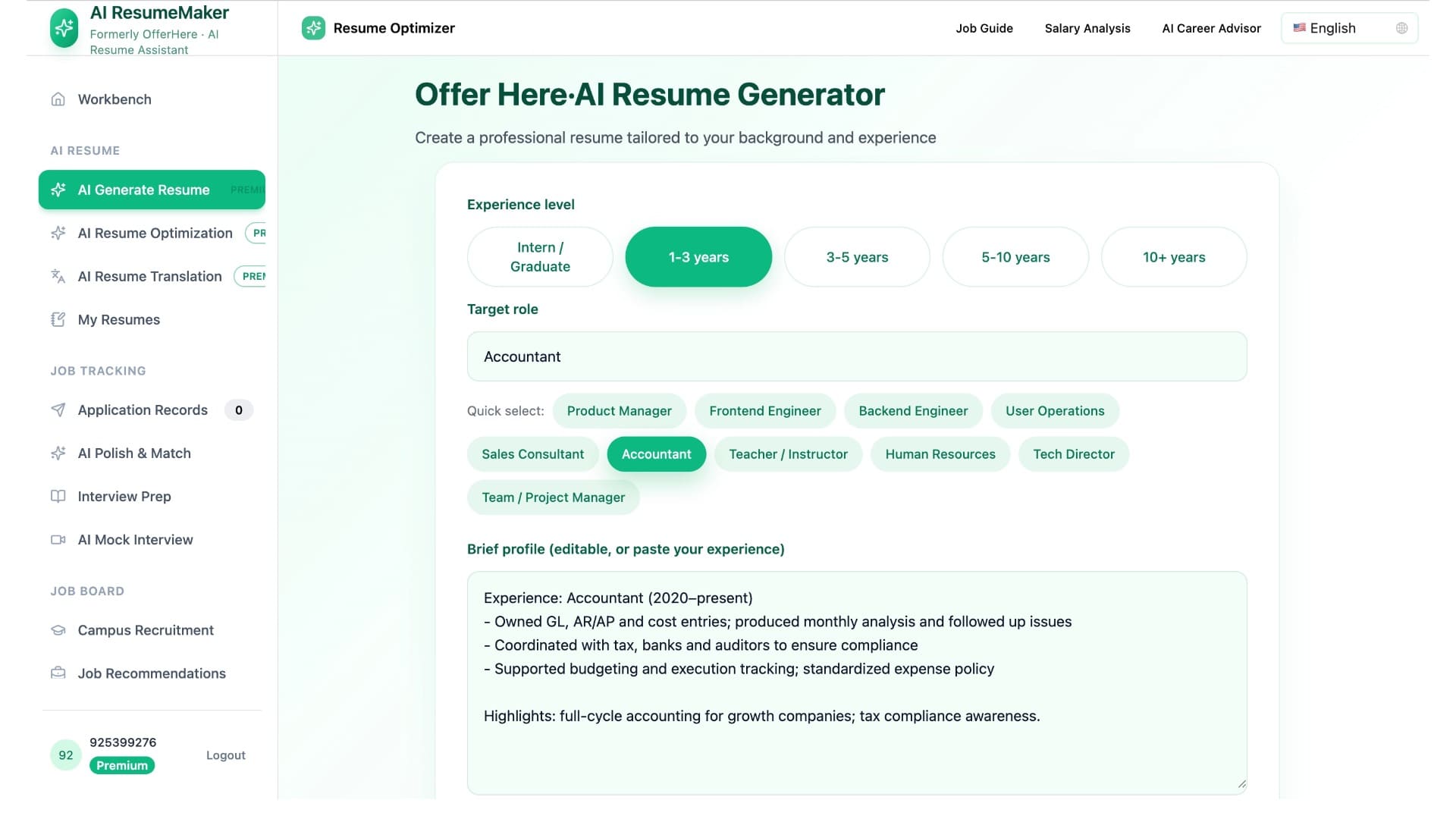 AI resume builder preview